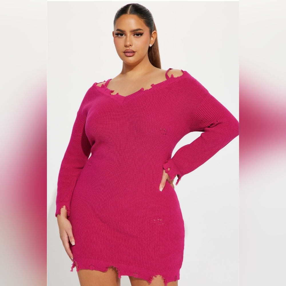 Nwt hot pink mini distressed sweater dress